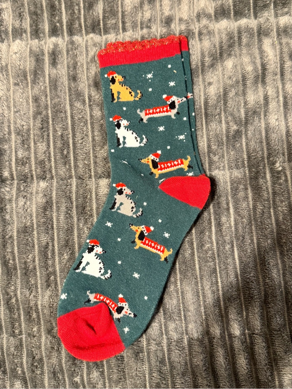 Maurices Teal Crew Socks with Red Accents and Dog Pattern